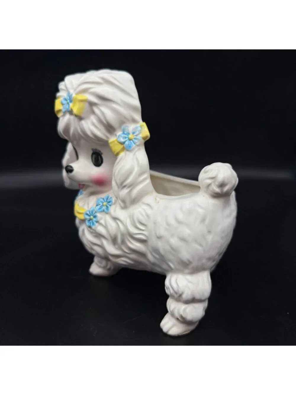 Vtg White Poodle Dog Planter Hand Painted Ceramic Bows Flowers MCM Import Kitsch